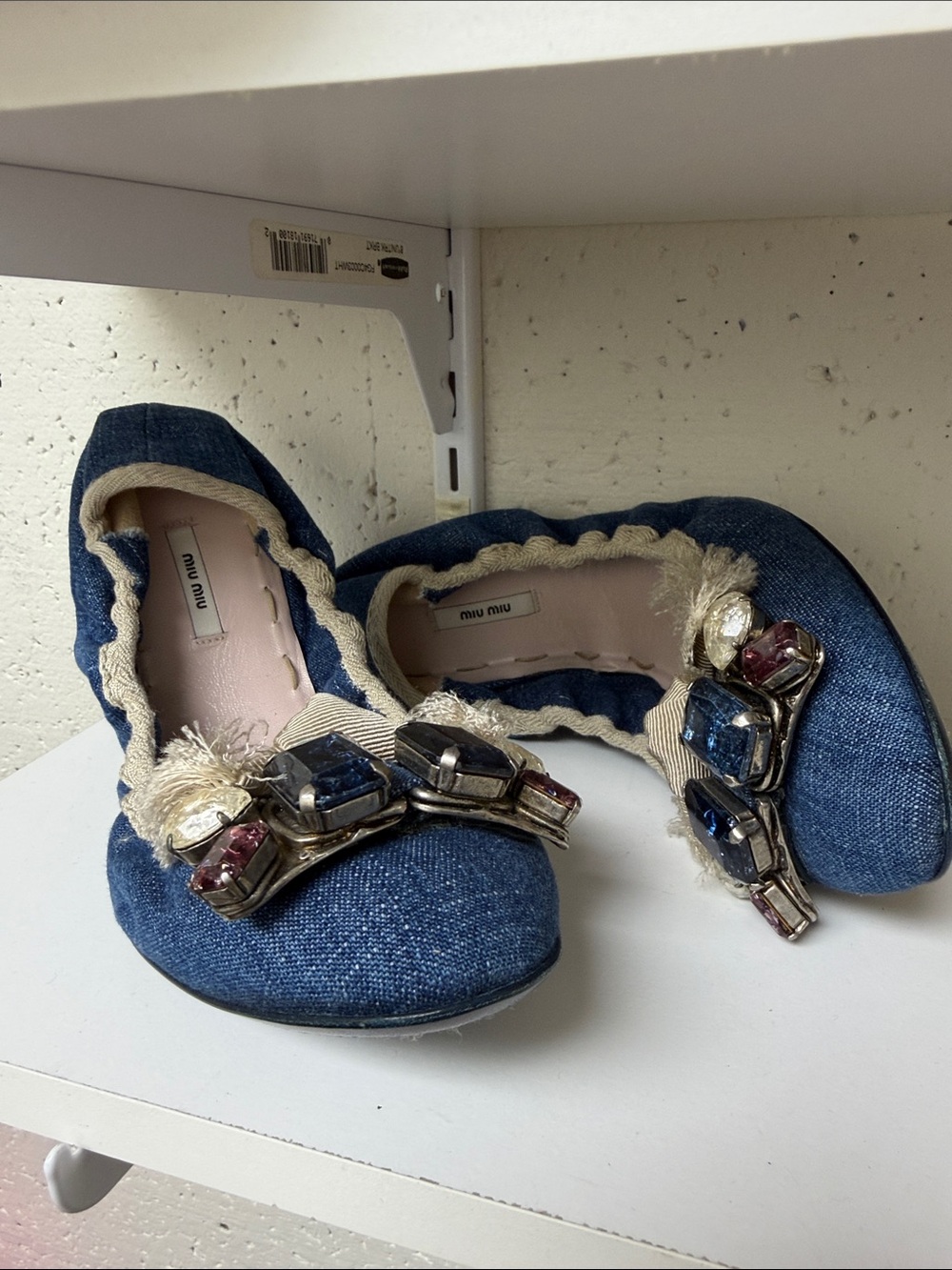 Miu Miu Denim Jeweled Ballet Flats in Blue